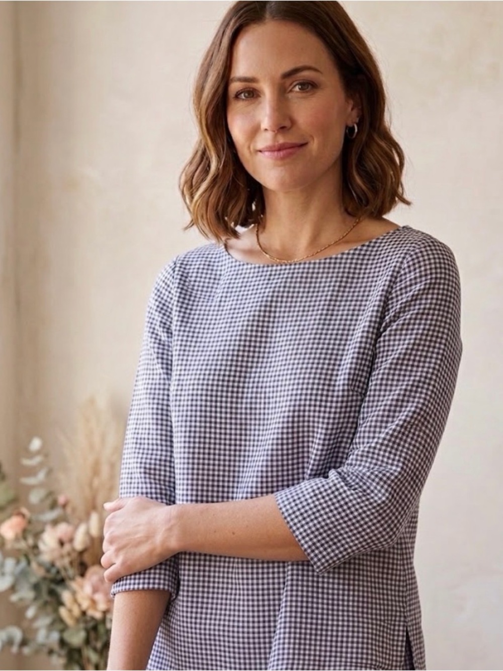 ANN MASHBURN Navy and White Gingham popover cropped Shirt